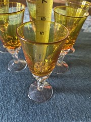 VTG Set Of 6 Golden Amber Twisted Stem Clear Bottom Cordial/Liqueur/Glasses