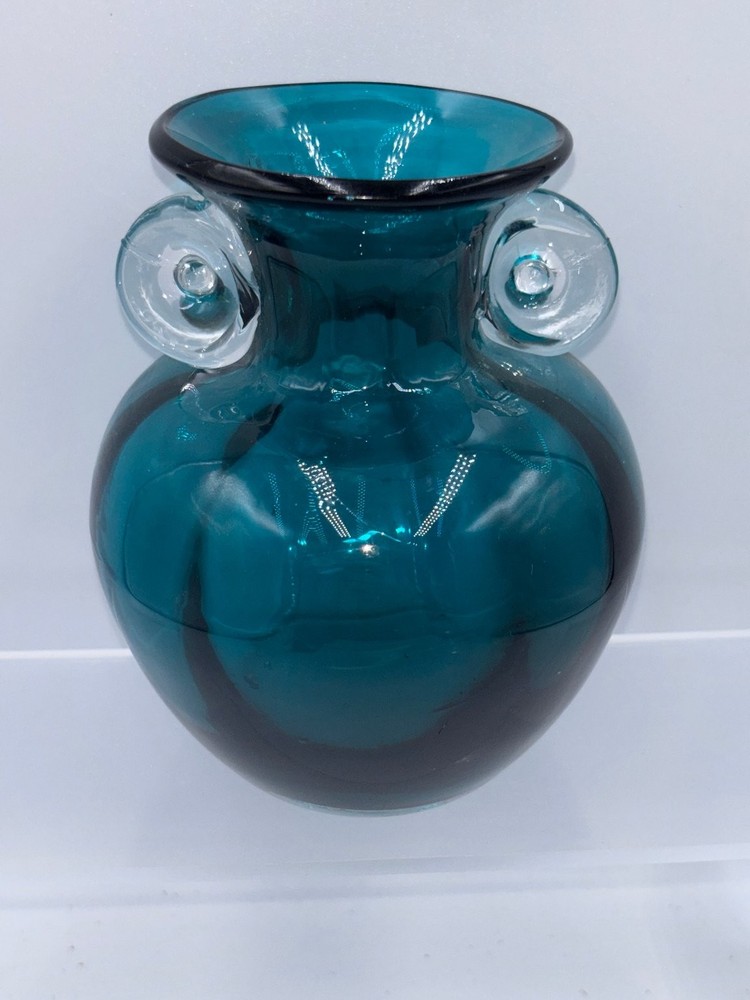 Teal Green Art Glass Vase Applied Clear Handles Hand Blown 5″ Tall