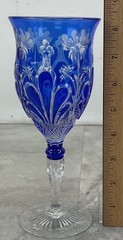 ONE Stevens & Williams Hand Blown Blue Cut to Clear Wine Goblet Royal Brierley