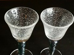Forced Bubble Wine Goblets-Blue Green Iridescent Stem-Set of (2) 7 1/4″ Tall