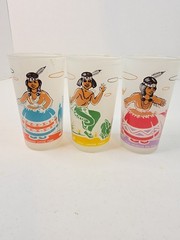 VTG Bonded Oil 8oz Frosted Glasses Set of 3 Made In USA Native American Indian