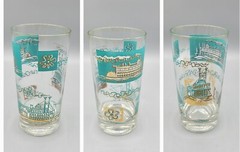 Vintage MCM Glass Hi-Ball Tumblers Retro Teal Turquoise & Gold Steam Boat Theme