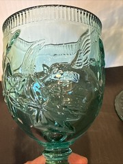 Water / Wine Glasses Embossed Hummingbird Teal Green Set of 2