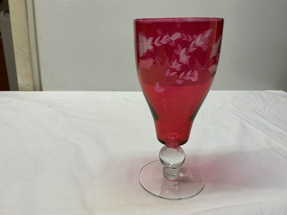 Vintage Ruby Red Cranberry Flash Wine Glass- Etched Flower & Leaf Pattern