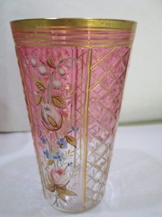 Lot of 2 Moser Bohemian Raised Gold Enamel Rose Berry Scrollwork Cranberry Glass
