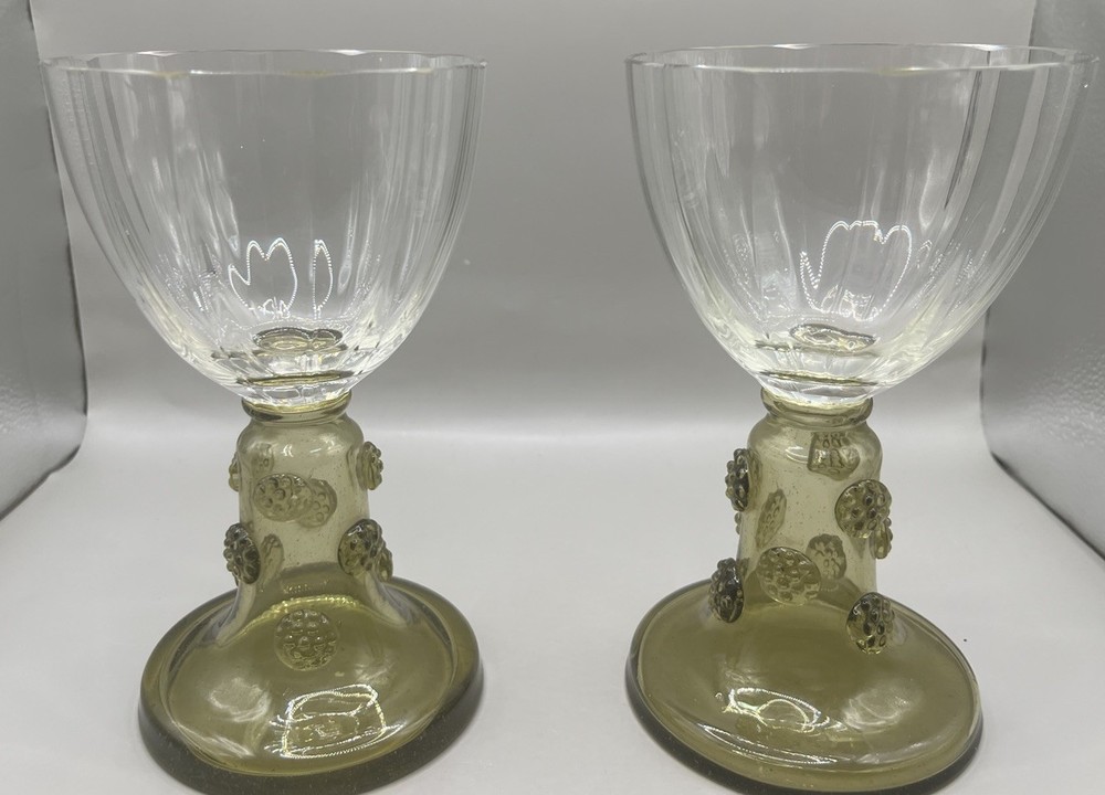 Set of 2 Vintage German Dutch Roemer Römer Blown Olive Goblet Glasses