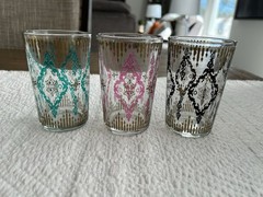 3 Vintage MCM Teal, Pink, Black Gold 6oz Embossed Juice Glass 4 Inch Moroccan