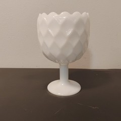 Vtg Diamond/Basketweave Design Milk Glass Textured Pedestal Goblet Scalloped Rim