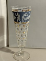 Cup Goblet Cera Greek Etruscan Frieze Blue Glass Gold Vintage Barware Glass