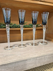 Set of 4 Vtg Air Twist Stem Tall Jewel Tone Blue Topaz Cordial Glasses 8 1/4″