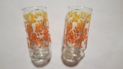 Vtg Flat Tumblers Bright Orange Yellow Ombre Floral Flowers Glasses Retro