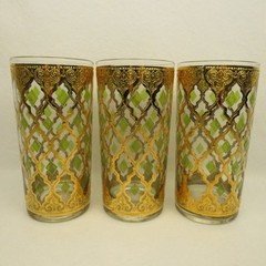 Set of 3 Vintage Culver Valencia 22k Gold & Green Highball Tumbler Glasses MCM