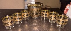 Vintage Set Of 7 Culver Valencia 22K Gold & Green Filigree Lowball Glasses