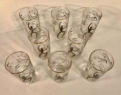 Set of 8 Vintage MCM Glass Tumblers Black & Gold Tribal Hunter Dancer and Horses