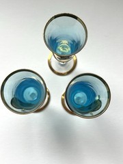 3 Vintage Turquoise Tre Fuochi Murano Cordial Glasses Gold Gilt ( 1 Has Crack)
