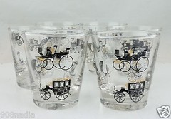 VINTAGE GOLD CLEAR BLACK WHITE CARRIAGE IMAGE BRANDY WHISKEY ROCK GLASS SET 6