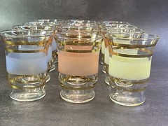 Vintage Frosted and Gold Stripe Juice Glass Set.