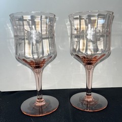 Vintage Hand Blown Pink Crystal Water Goblet Wine Glass Set Of 2