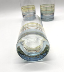 Vintage Light Blue Base Gold & Green Banded Tumbler Set of 3 Glasses Striped EUC