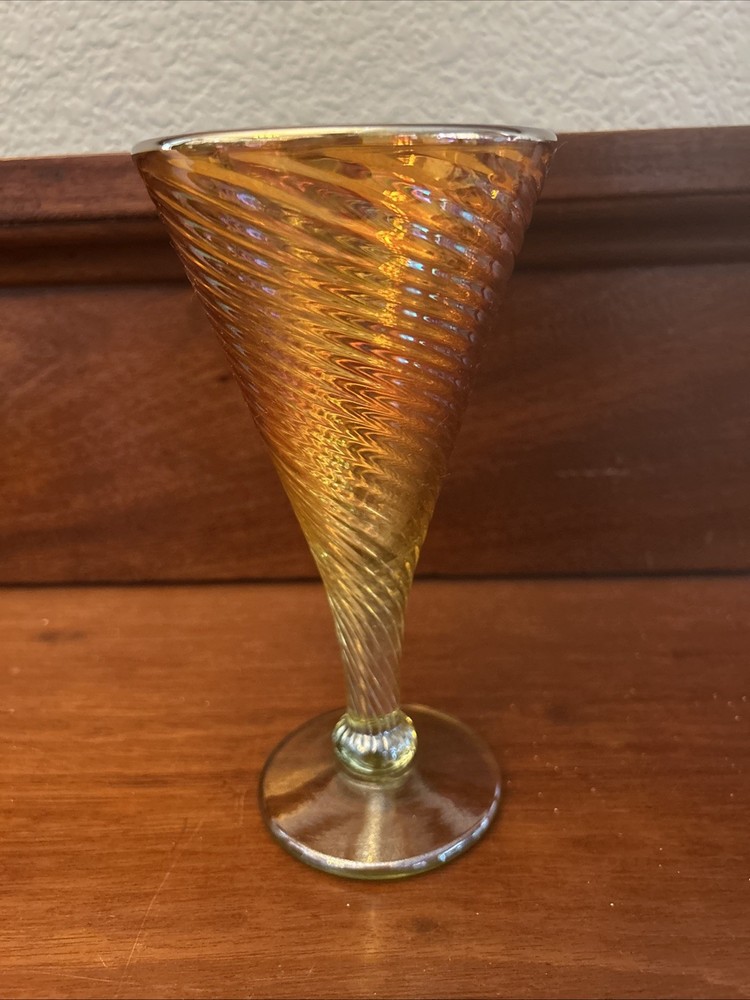 HTF Rick Strini Studios Glass Goblet-7” Iridescent Marigold Orange Swirl Twist