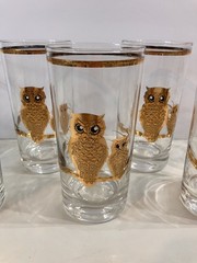 Vintage Culver Ltd MCM 22K Gold Embossed «Owls» Highball Glass Set of 8 1950’s