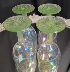 4 Vintage Iridescent Optic Rib Green Stem Sherry Aperitif Cordial Glasses Set