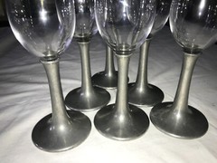 6 Rare ETAINS France CTR 7oz CHAMPAGNE Flute GLASS Pewter Stem STAMP Barware 8½»