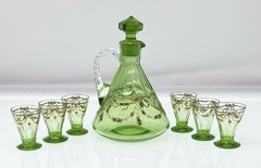 Antique Josephinenhutte Green Gold Floral Swags & Bows Cordial Shot Decanter Set