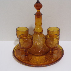Indiana Glass Co Amber Color Wine Set w/Tray & 4 Goblets 4oz Pressed Floral MCM