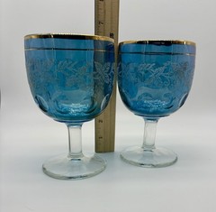 2 Vintage Bartlett Collins Vining Blue Glass Goblets Thumb Print Gold Trim