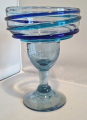 Mexican Hand Blown Margarita Glass Aqua & Applied Cobalt Stripe 6.25″ T 8 oz