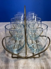 8 Libbey Blue Tempo 12 oz Mid-Century Modern Glass Tumblers & Folding Caddy NEW