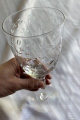 Vintage Etched Crystal Wine Glass 7.8” Floral Vine Stemware Fostoria Style