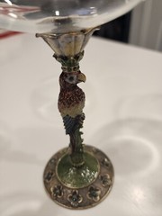 Rhinestone Jeweled Parrot Wine Glass Goblet Bronze Enamel Stem.