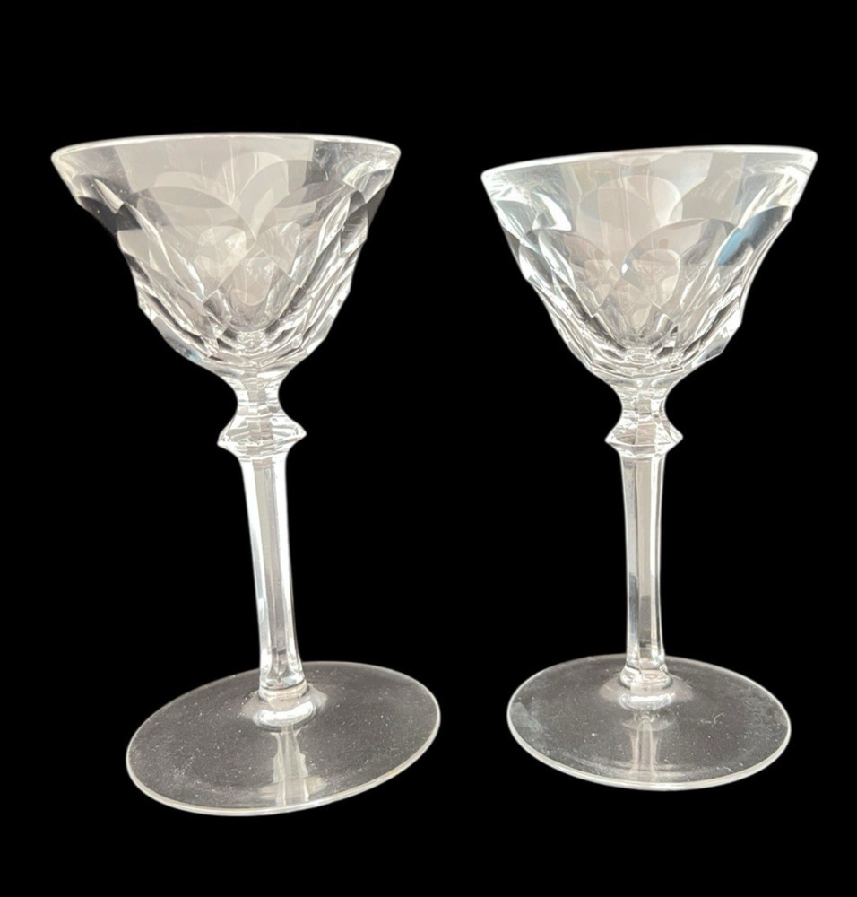 PAIR Crystal Stemmed Glasses 3”D x 5.5”H & 5.65″H Cut Glass Drinkware Barware