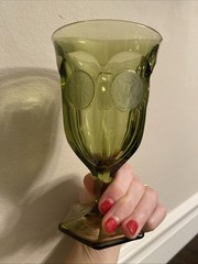 Vintage Fostoria Olive Green 1887 Coin Pattern #1372 Line Glass Goblet 6.5”