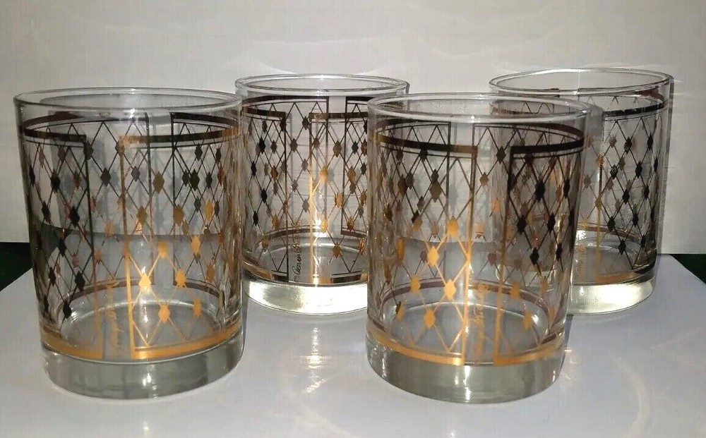 Set of 4 Georges Briard Double Old Fashioned Glass Gold Lattice Diamond Pattern