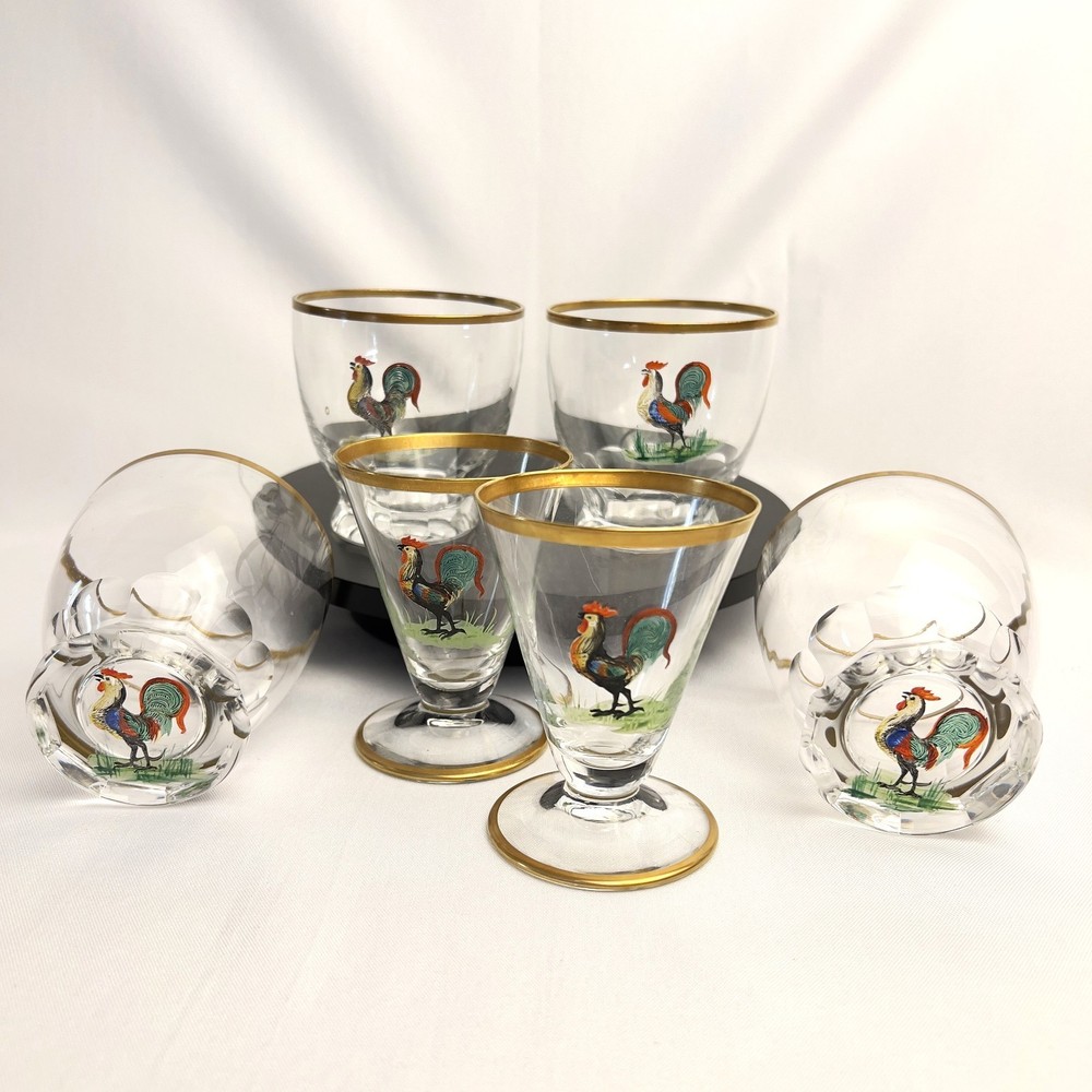Hand-Painted Vintage Rooster 4 & 6 oz. Glassware Lot of 6 Tumblers