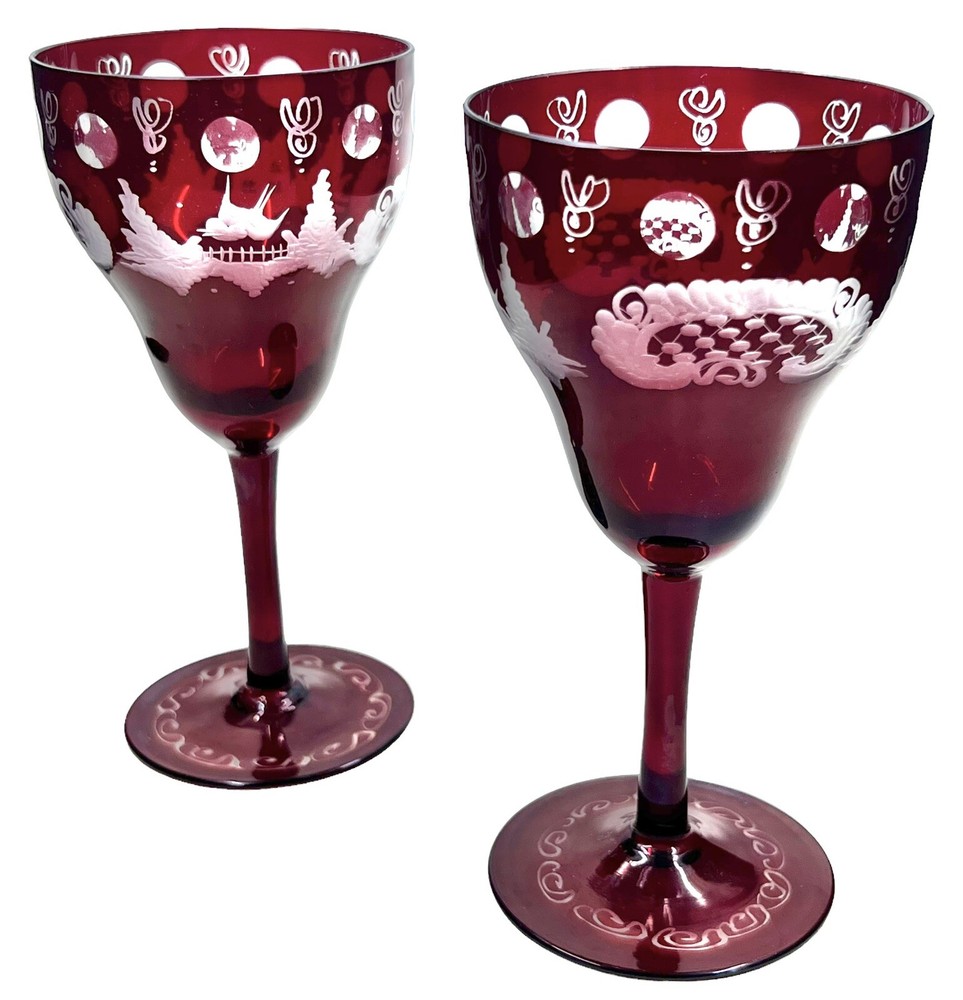 2 Vintage Bohemian Egermann Wine Glasses Castle Shield & Birds Cut Ruby To Clear