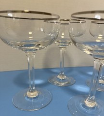 Set of 4 Mid-Century Platinum Rim Crystal Champagne Glasses Ribbed Stems 5.5”H
