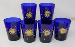 Vtg 90s 6 Libbey Celestial Cobalt Blue Glasses Sun Moon Stars Lowball Tumblers