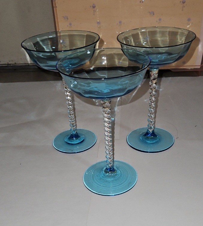 3 Stem ware Blue Top Clear Bottom Crystal Golbet Vintage