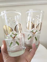 Vtg Mid Century Textured Tennis Glasses Georges Briard Style Gold White Green
