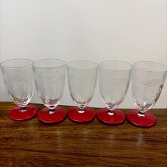 Vintage European cordial Glasses Ruby Red Enamel footed Etched Diamond Five
