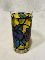 Vtg 60’s 70’s Tiffany Stained Glass Style Multi Colored Fruit OJ Cup Libbey
