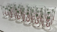 Vintage Lucky Horseshoe Shamrock Glasses Set of 12 Mid Century Barware Irish