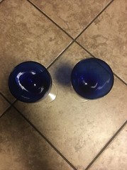 Two Stunning Cobalt Blue 9 oz Wine Glasses with Clear Stem, 8 1/4” Tall, Vintage
