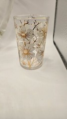 VTG 1 Pitcher 6 Glasses White Cherry Blossom Gold Trim Tree Branches Hand Blown