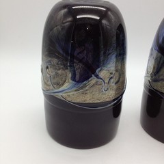 (2) Frederick Warren Art Glass Studio Tumblers Black/Blue Iridescent Swirls 1991