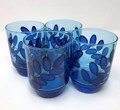 Set of 4 Vtg J Wm Hale Cobalt Blue Leaf High Ball Tumbler Glasses 14oz Stackable